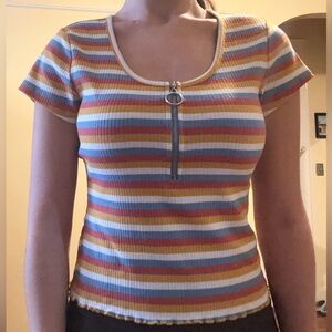 Belle du Jour Striped Multicolor Ribbed Short-Sleeve Top with Zipper Detail